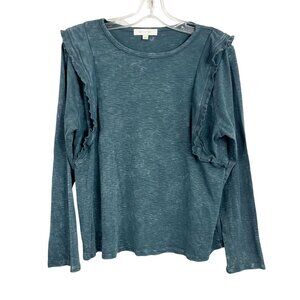 Anthropologie Eri + Ali Acid Washed Ruffle Long Sleeve Top Dark Teal Size Large
